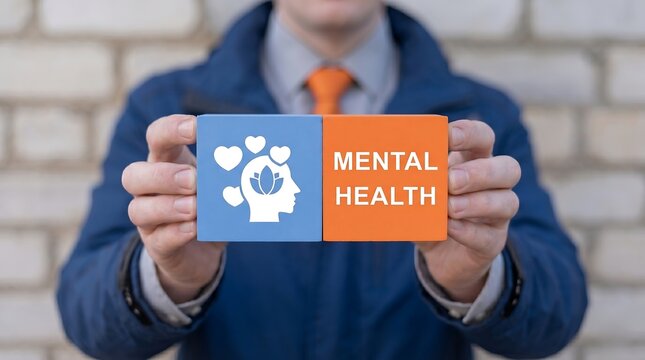 Man holding blocks sees inscription: MENTAL HEALTH. Mental health, happiness, harmony creative concept new