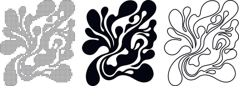 Abstract organic shapes in dotted fill solid fill and outline on white pattern