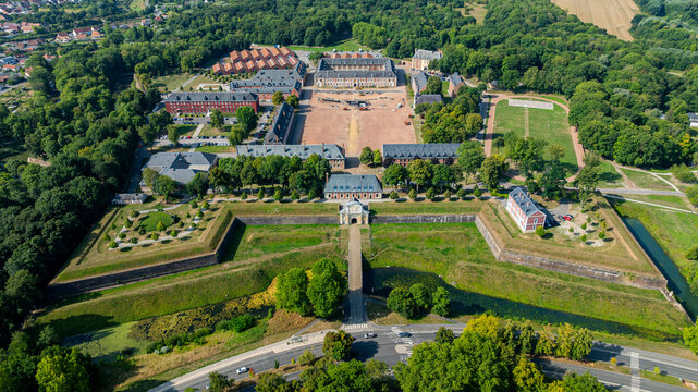 View of citadel of Arras from above showing historic structures and green spaces in France