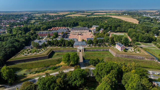 Aerial view shows the citadel of Arras in France, highlighting the layout and greenery of a UNESCO world heritage site