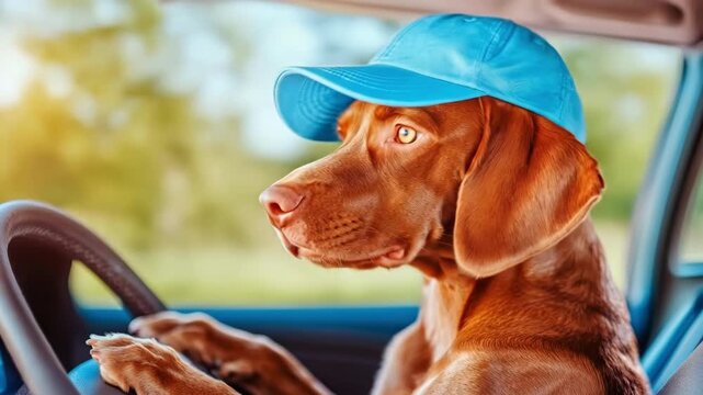 A funny dog with blue cap is driving car. Cute vizsla dog sits behind the wheel of car and holds the steering wheel. Animal travel concept