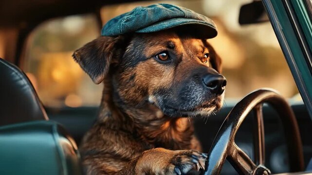 A brown dog wearing flat cap sits behind the steering wheel of car, looking ahead with focused expression, portraying the concept of pet's joyful adventure or humorous animal driver scenario