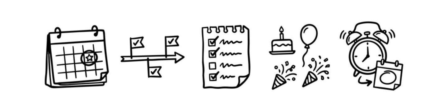 Hand-drawn planning and event icons including calendar, timeline, checklist, and party elements. Minimalist black line art for time management, productivity, and celebration themes.