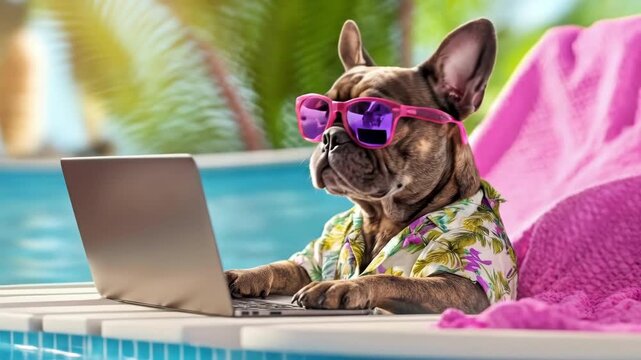 Smiling french bulldog wears tropical shirt and sunglasses working on laptop at pool. Concept of summer vacation, remote work, and pet friendly travel for advertising and presentations