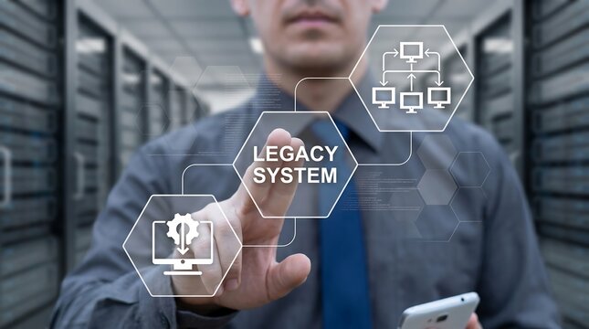 Concept of Legacy System Business Technology Interoperability Modernization. Business person using virtual touch screen presses the inscription LEGACY SYSTEM new 