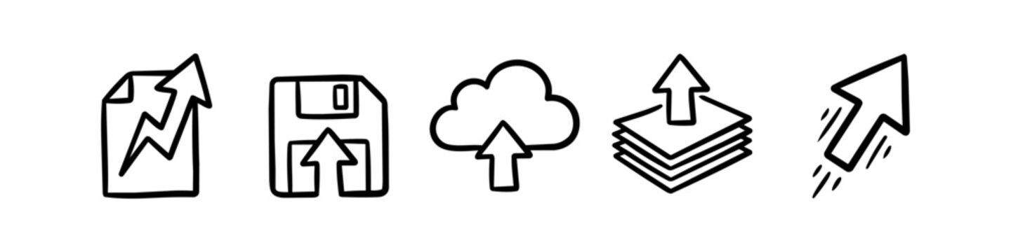 Hand-drawn black and white doodle icons representing data upload, cloud storage, file sharing, and digital backup concepts on a white background.