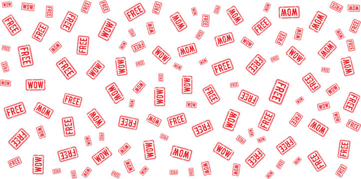 Repeating pattern of rubber stamps with words on transparent background