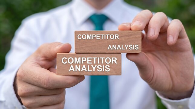 Concept for market, competitors and customers analysis. Business person holding wooden blocks sees the inscription COMPETITOR ANALYSIS. new 