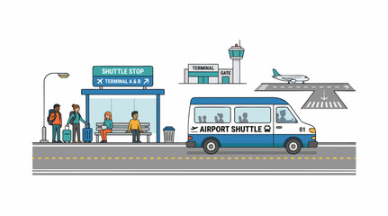 Naklejka premium Airport shuttle transportation scene, minimalist 2d flat illustration style, on a white background