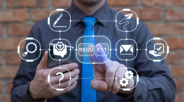 Concept of business finance service request. Business person using virtual touch screen presses the text REQUEST. new