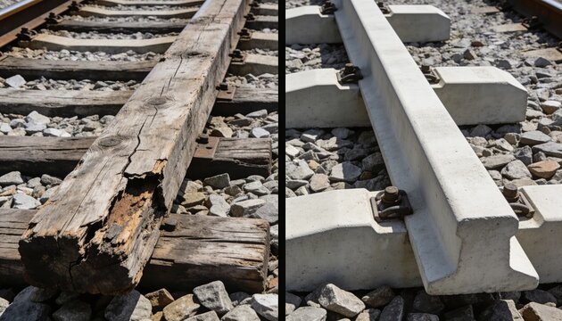Comparison of old wooden railway ties and new concrete sleepers on a railway track. The scene shows weathered wood and modern concrete materials side by side.
