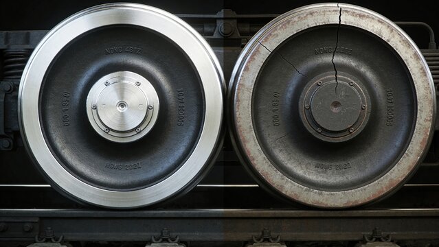 Two train wheels, one shiny and new, the other worn and rusty. They are positioned side by side, showcasing the contrast between new and old materials.