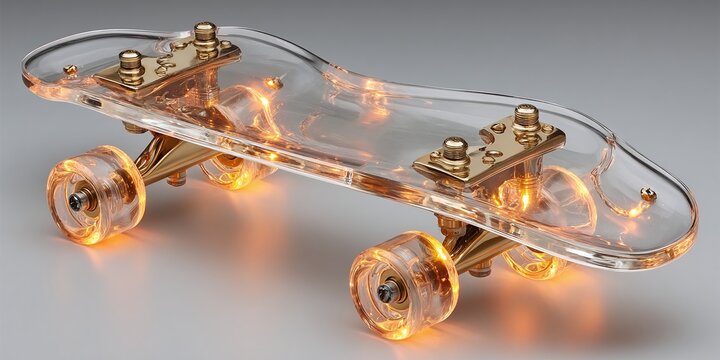 A sleek illuminated skateboard with glowing wheels and metal components is displayed on a plain surface.