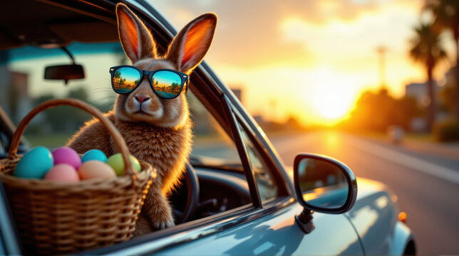 Conejo influencer moderno viajando en coche con huevos decorados y est&eacute;tica retro vacacional. Viaje primaveral, escapada festiva, lifestyle animal, vacaciones de primavera, actitud despreocupada.