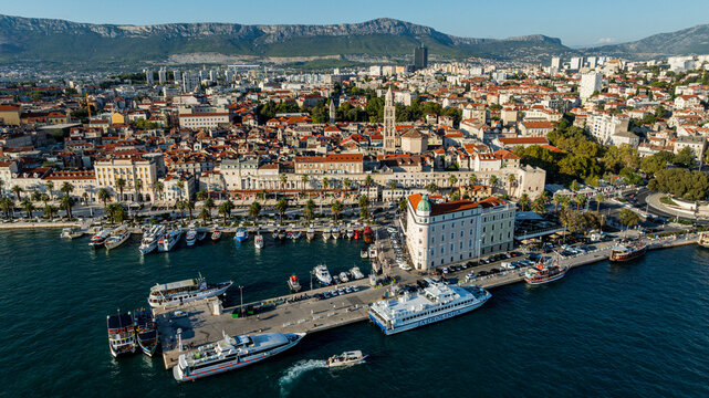 View of Diocletians Palace and the cityscape of Split, Croatia from above showcasing historical architecture and surrounding landscape