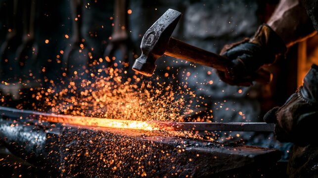 A blacksmith striking a glowing steel bar on an anvil with a hammer, sparks spraying from the impact point.