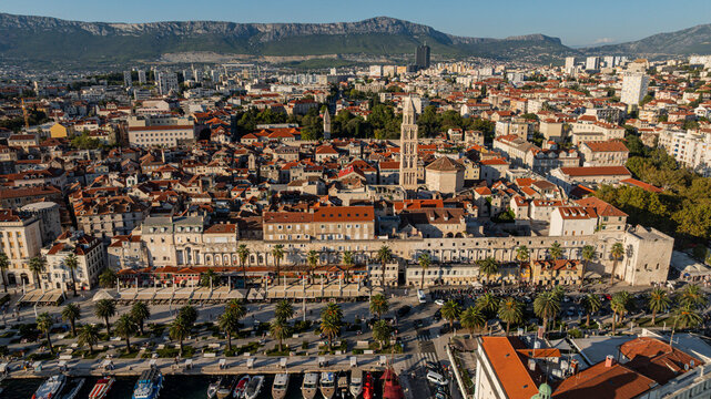 Aerial view of Diocletian's Palace and surrounding area in Split, Croatia with urban buildings and coastal scenery