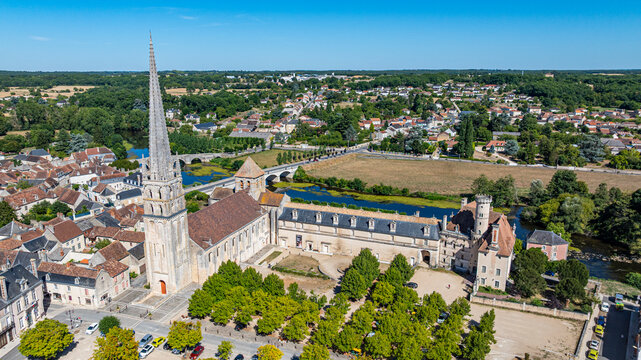 Aerial view of the historic Abbey Church of Saint-Savin-sur-Gartempe in France showcasing its architecture and surroundings