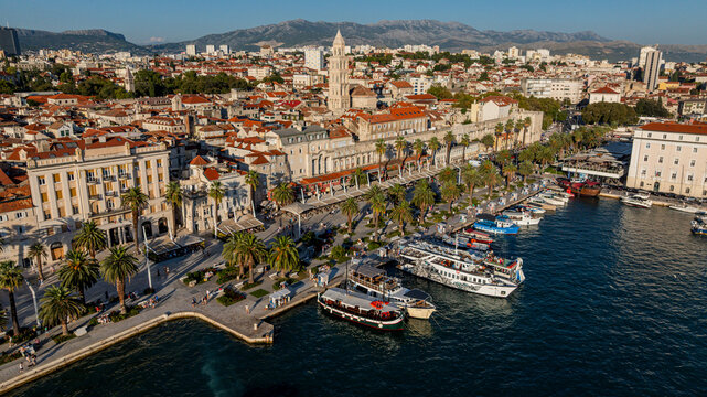 Aerial view captures Diocletians Palace and surrounding area in Split, Croatia during a sunny day