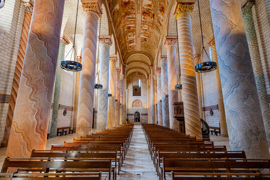 Interior view of Abbey Church of Saint-Savin-sur-Gartempe showing architecture and design details in France