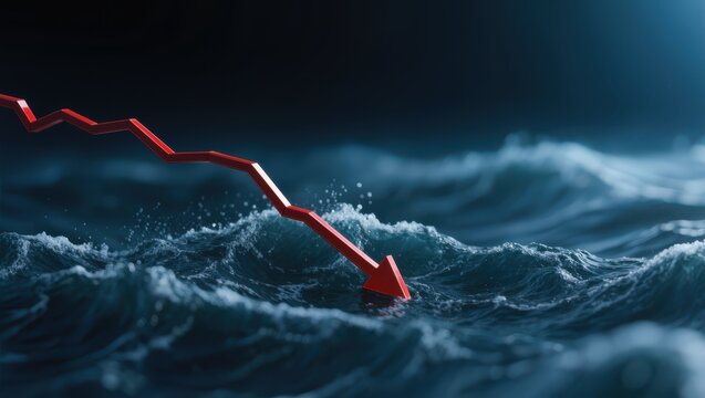 Falling Red Arrow Chart Indicating Decline Over Ocean Waves Under Dark Sky