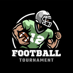 Naklejka premium American football player with ball logo, emblem on a dark background.