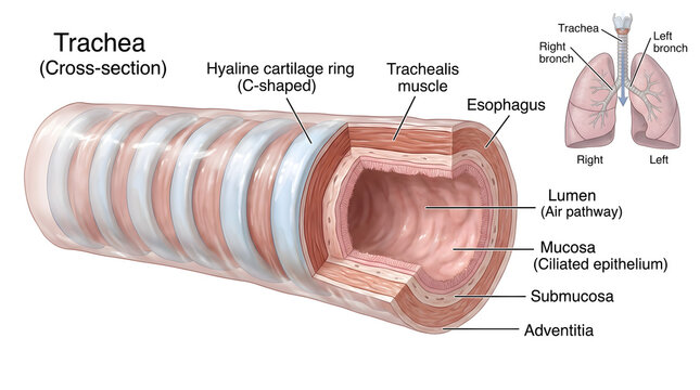 Three‑dimensional cross‑section of the trachea showing C‑shaped hyaline cartilage rings, posterior trachealis muscle, mucosa with ciliated epithelium, submucosa and adventitia, illustrating structural