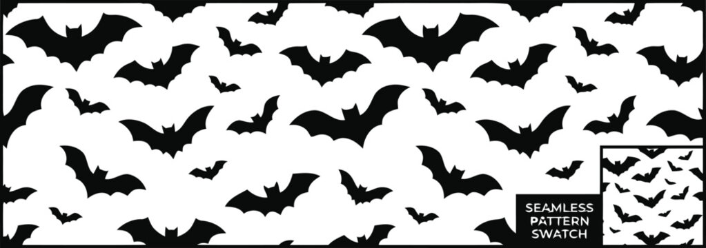 Black bat silhouettes seamless pattern on white background