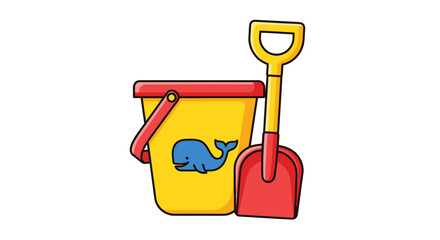 Cartoon plastic sand bucket and shovel beach toy set for kids on white background © AAS CREATIVE