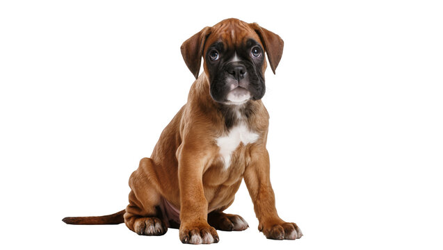 Brown boxer puppy with white chest marking, sitting attentively isolated on transparent background