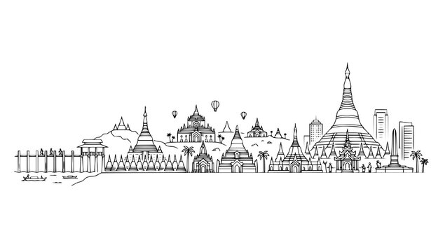 Burma travel skyline outline vector illustration with landmarks isolated on white