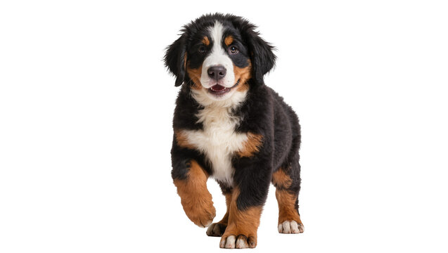 Bernese Mountain Dog puppy with tri-color fur, isolated on transparent background