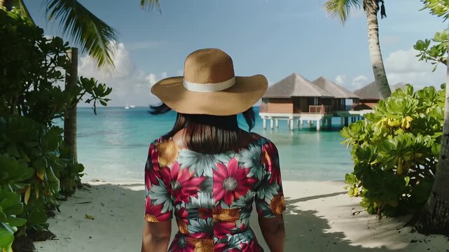 Walking along the beach path to the ocean in a tropical setting with a person wearing a hat and a colorful shirt