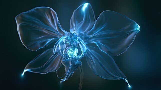 Frosted glass orchid glowing with cool blue bioluminescent light inside.