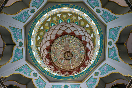 Interior design features bright colors and geometric shapes at Haydar Mosque in Nakhchivan, Azerbaijan, showcasing cultural craftsmanship