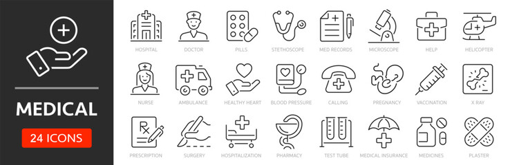 Fototapeta premium Medecine line icon set. Editable Stroke. Medical, health, hospital, pharmacy, doctor, ambulance - stock vector.