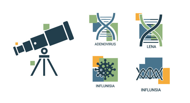 Scientific research icons: telescope and viruses