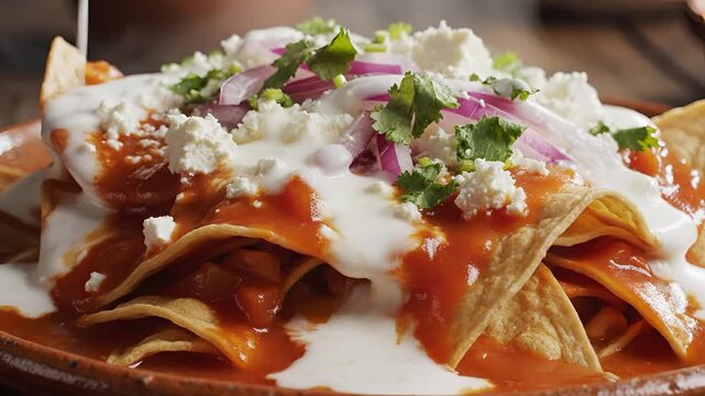 Delicious Mexican Chilaquiles with Salsa Roja and Toppings.