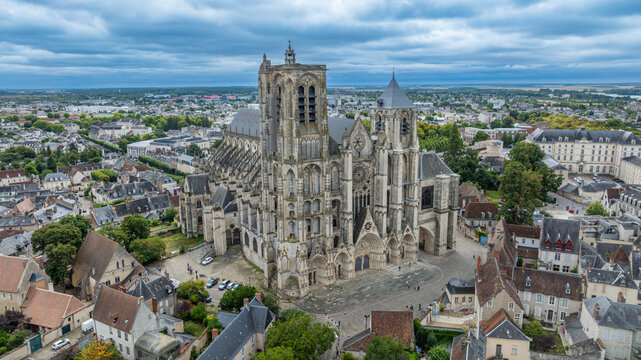 Aerial view of Bourges Cathedral showcases its grand architecture amid the city landscapes in France
