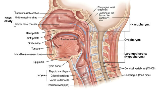 Labeled sagittal anatomy of nasal cavity, nasopharynx, oropharynx and laryngopharynx showing conchae, soft palate, tonsils, epiglottis, larynx, esophagus and cervical vertebrae, clarifying regions of 