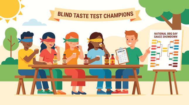 Diverse people participating in a blind BBQ sauce taste test contest