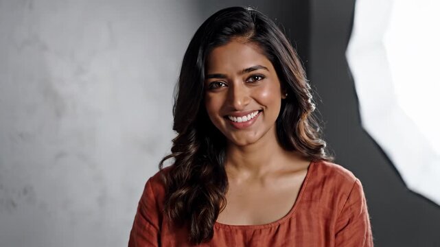 portrait of smiling young indian woman looking at camera in photo studio. creative professional, vlogger or actress headshot. softbox lighting background. corporate career, portfolio.