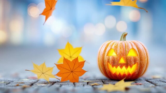 Halloween Pumpkin with Autumn Leaves: A carved pumpkin with a glowing face sits amongst colorful autumn leaves on a stone pathway, capturing the essence of the spooky season.