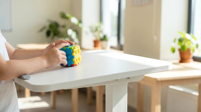 Child hands holding colorful interlocking puzzle cube on white desk in bright Scandinavian therapy classroom for autism and ADHD sensory play