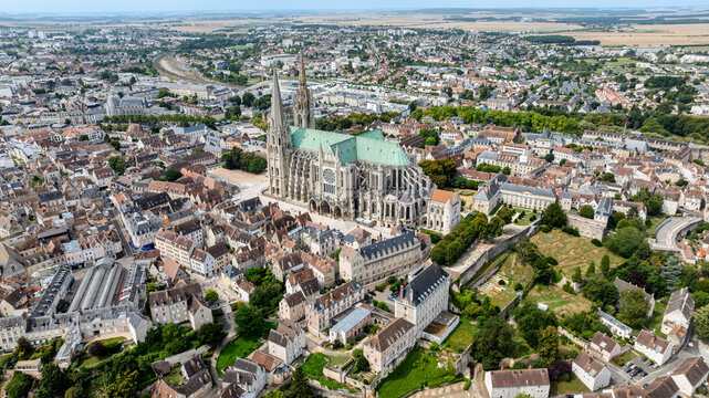 Aerial view of Chartres Cathedral and surrounding city area in France during daylight hours