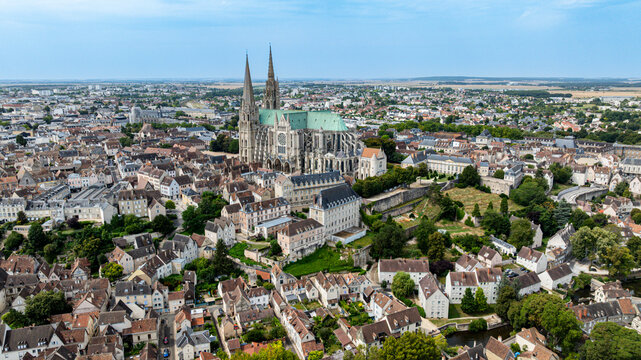 View of the cathedral of Chartres and surrounding city from the air in France