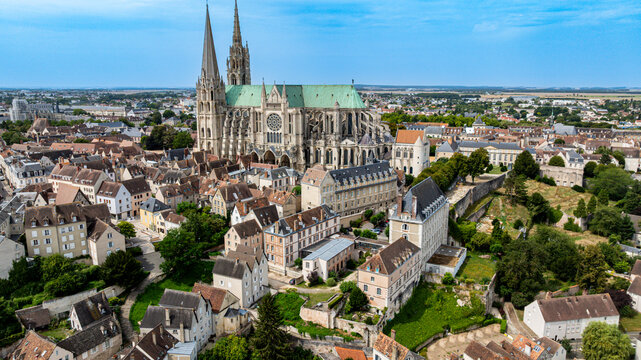 View of the cathedral of Chartres and surrounding buildings from above in France