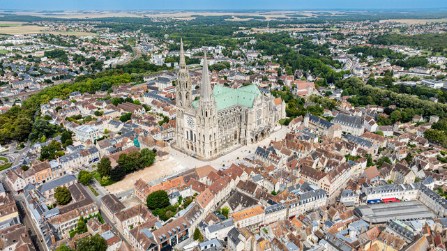 Cathedral of Chartres shows intricate architecture from a high view in France