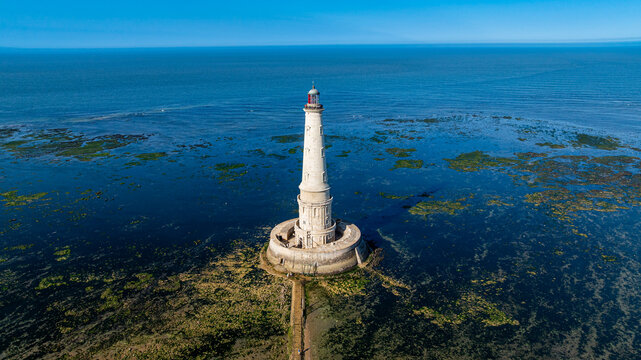 Lighthouse of Cordouan stands tall on the coast of France surrounded by water and marine vegetation during daylight