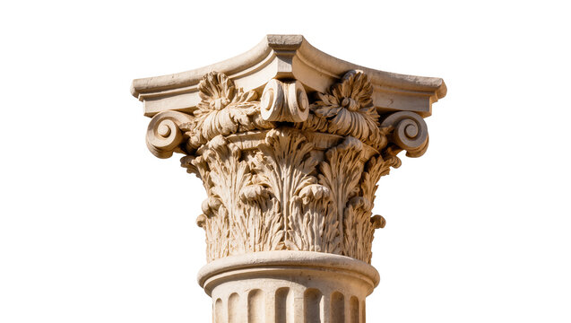 Ornate Corinthian column capital with acanthus leaves and volutes, isolated on transparent background